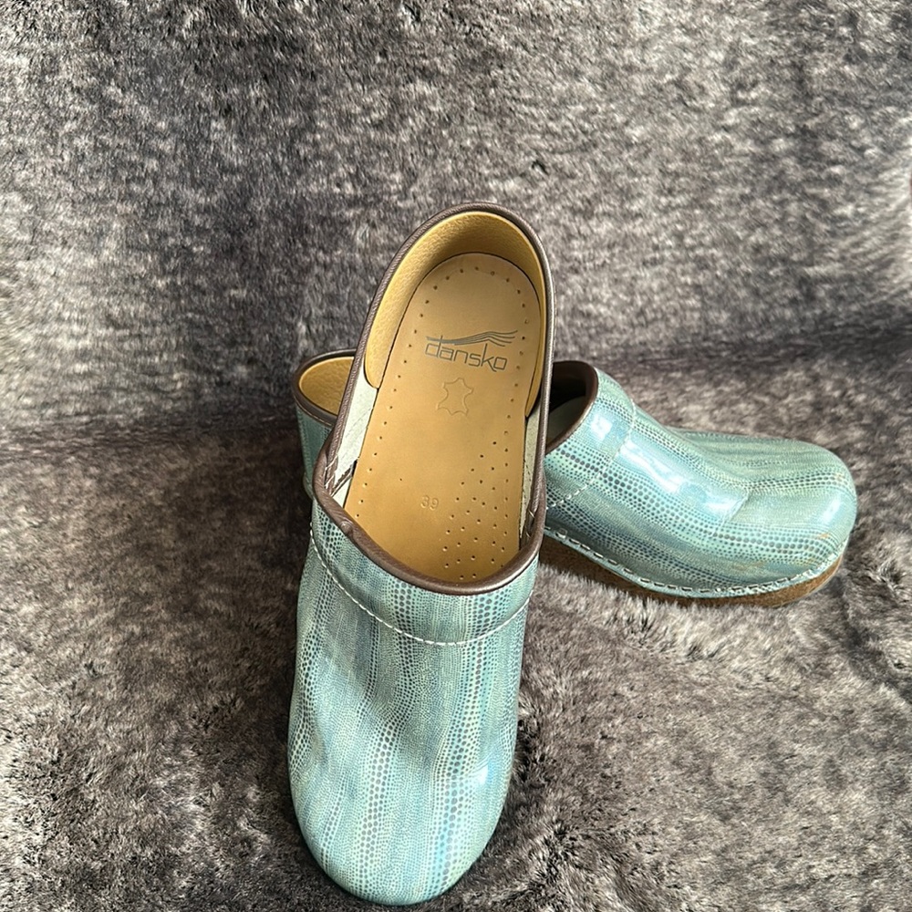 Dansko clogs, blue patent leather, size 39
